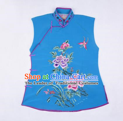 Traditional Chinese Beijing Opera Servant Girl Blue Vests, China Peking Opera Young Lady Costume Embroidered Opera Waistcoat Costumes