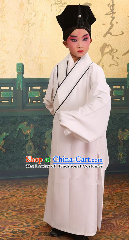 Traditional Chinese Beijing Opera Children Scholar White Clothing and Headwear Shoes Complete Set, China Peking Opera Young Man Costume Xu Xian Robe Opera Costumes for Kids