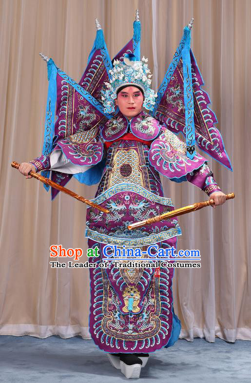 Traditional Chinese Beijing Opera Takefu Green Armour Purple Clothing and Boots Complete Set, China Peking Opera Martial General Role Costume Embroidered Opera Costumes