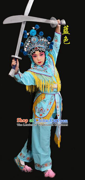 Traditional Chinese Beijing Opera Magic Warriors Blue Clothing and Headwear Shoes Complete Set, China Peking Opera Women Pawn Dress Costume Embroidered Opera Costumes for Kids