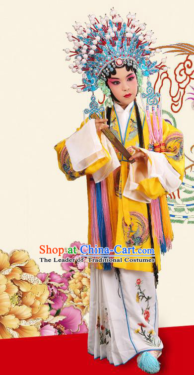 Traditional Chinese Beijing Opera Imperial Empress Clothing and Phoenix Headwear Shoes Complete Set, China Peking Opera Imperial Consort Costume Embroidered Opera Costumes for Kids