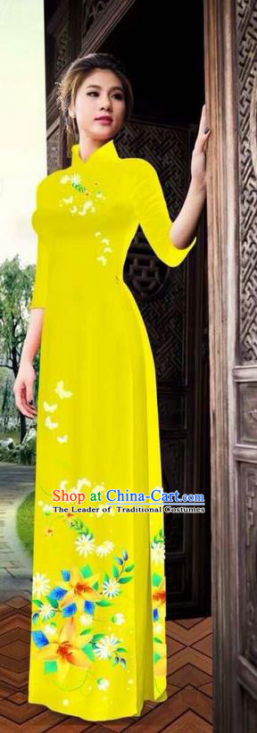 Traditional Top Grade Asian Vietnamese Ha Festival Printing Ao Dai Dress, Vietnam National Jing Nationality Long Yellow Cheongsam Costumes for Women