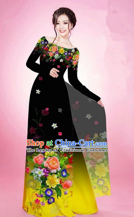 Traditional Top Grade Asian Vietnamese Ha Festival Printing Flowers Black Ao Dai Dress, Vietnam National Jing Nationality Off Shoulder Cheongsam Costumes for Women