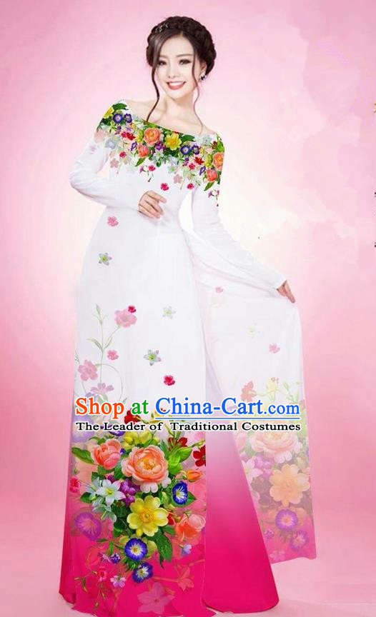 Traditional Top Grade Asian Vietnamese Ha Festival Printing Flowers White Ao Dai Dress, Vietnam National Jing Nationality Off Shoulder Cheongsam Costumes for Women