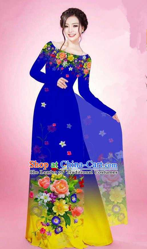 Traditional Top Grade Asian Vietnamese Ha Festival Printing Flowers Royalblue Ao Dai Dress, Vietnam National Jing Nationality Off Shoulder Cheongsam Costumes for Women