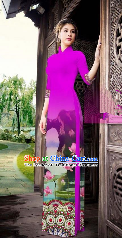 Traditional Top Grade Asian Vietnamese Ha Festival Printing China Guilin Scenery Rosy Ao Dai Dress, Vietnam National Jing Nationality Cheongsam Costumes for Women