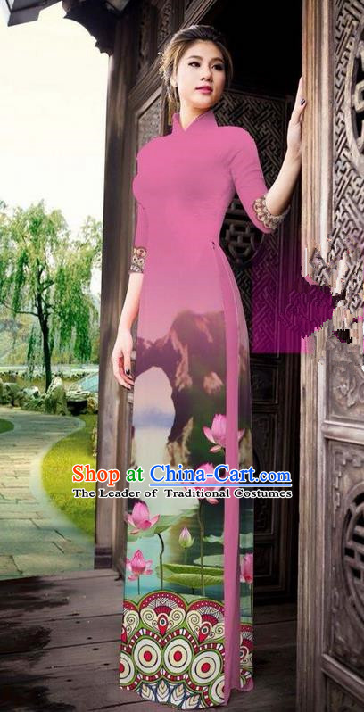 Traditional Top Grade Asian Vietnamese Ha Festival Printing China Guilin Scenery Pink Ao Dai Dress, Vietnam National Jing Nationality Cheongsam Costumes for Women