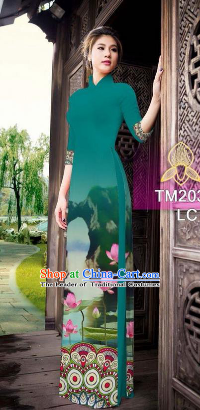 Traditional Top Grade Asian Vietnamese Ha Festival Printing China Guilin Scenery Peacock Green Ao Dai Dress, Vietnam National Jing Nationality Cheongsam Costumes for Women