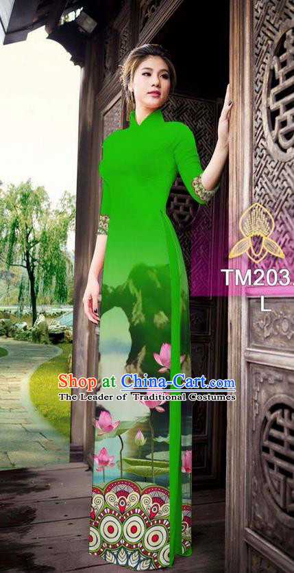 Traditional Top Grade Asian Vietnamese Ha Festival Printing China Guilin Scenery Light Green Ao Dai Dress, Vietnam National Jing Nationality Cheongsam Costumes for Women