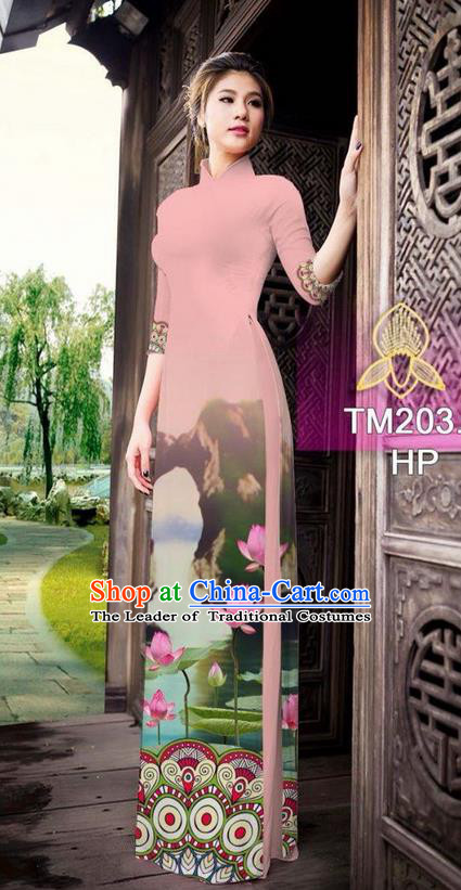 Traditional Top Grade Asian Vietnamese Ha Festival Printing China Guilin Scenery Light Pink Ao Dai Dress, Vietnam National Jing Nationality Cheongsam Costumes for Women