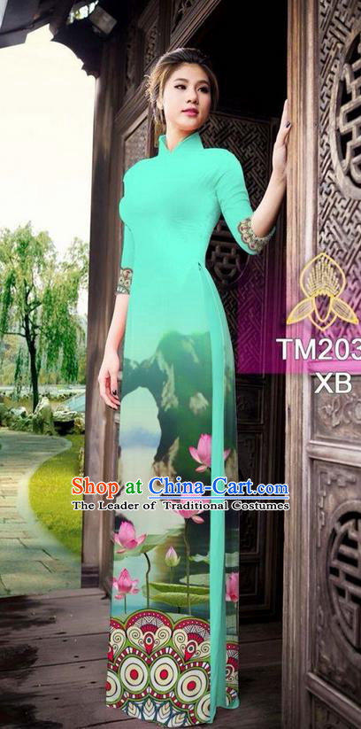 Traditional Top Grade Asian Vietnamese Ha Festival Printing China Guilin Scenery Light Blue Ao Dai Dress, Vietnam National Jing Nationality Cheongsam Costumes for Women