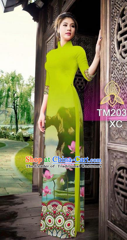 Traditional Top Grade Asian Vietnamese Ha Festival Printing China Guilin Scenery Olive Green Ao Dai Dress, Vietnam National Jing Nationality Cheongsam Costumes for Women