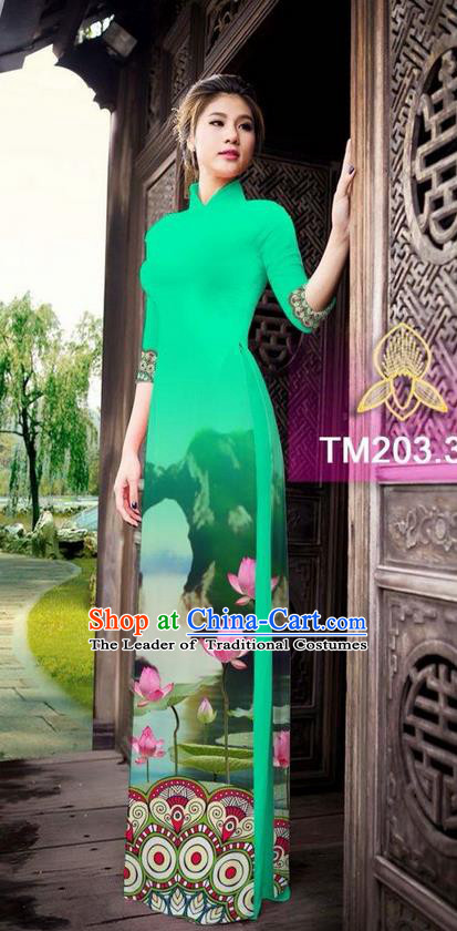 Traditional Top Grade Asian Vietnamese Ha Festival Printing China Guilin Scenery Viridis Ao Dai Dress, Vietnam National Jing Nationality Cheongsam Costumes for Women