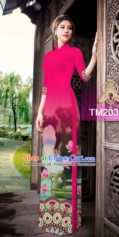 Traditional Top Grade Asian Vietnamese Ha Festival Printing China Guilin Scenery Watermelon Red Ao Dai Dress, Vietnam National Jing Nationality Cheongsam Costumes for Women