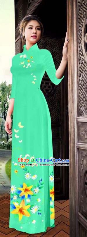 Traditional Top Grade Asian Vietnamese Ha Festival Printing Ao Dai Dress, Vietnam National Jing Nationality Long Green Cheongsam Costumes for Women