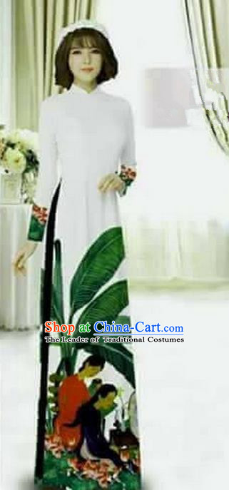 Traditional Top Grade Asian Vietnamese Ha Festival Printing Bride Ao Dai Dress and Loose Pants, Vietnam National Jing Nationality Cheongsam Costumes for Women