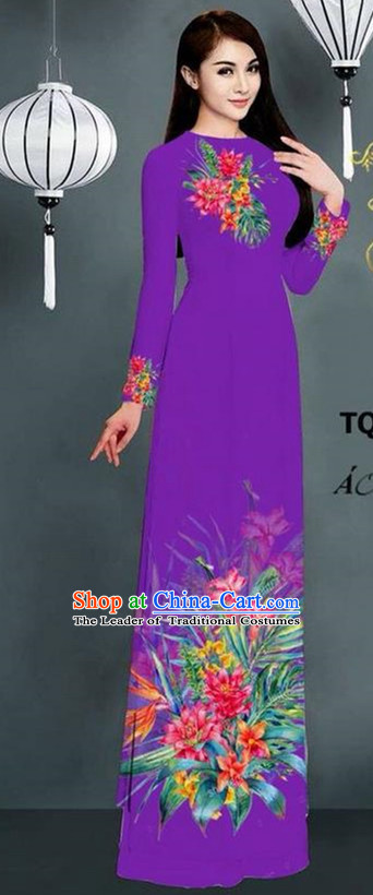 Traditional Top Grade Asian Vietnamese Ha Festival Printing Model Ao Dai Dress, Vietnam National Jing Nationality Purple Cheongsam Costumes for Women