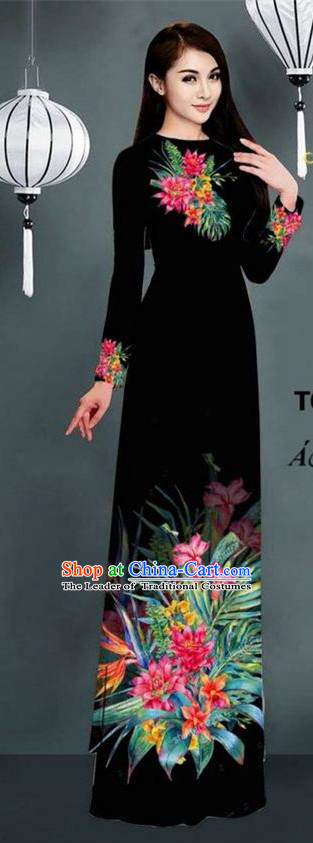 Traditional Top Grade Asian Vietnamese Ha Festival Printing Model Ao Dai Dress, Vietnam National Jing Nationality Black Cheongsam Costumes for Women