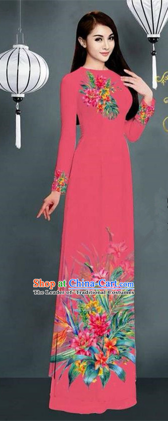 Traditional Top Grade Asian Vietnamese Ha Festival Printing Model Ao Dai Dress, Vietnam National Jing Nationality Pink Cheongsam Costumes for Women