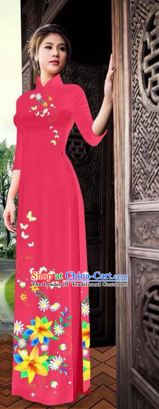 Traditional Top Grade Asian Vietnamese Ha Festival Printing Ao Dai Dress, Vietnam National Jing Nationality Long Red Cheongsam Costumes for Women