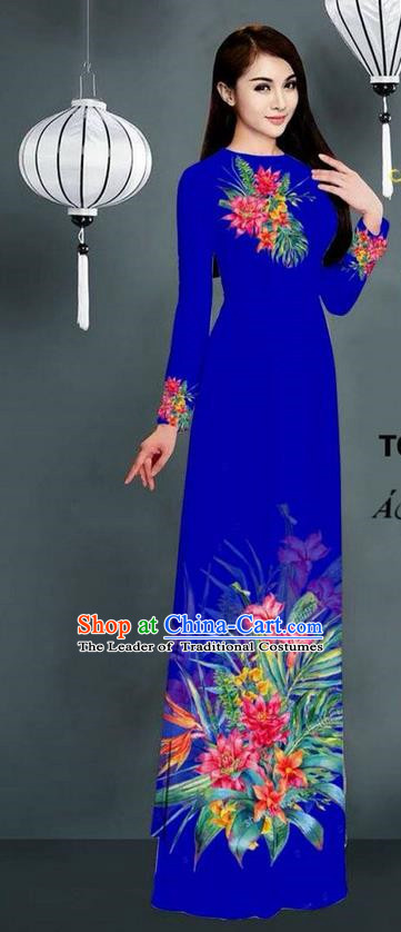 Traditional Top Grade Asian Vietnamese Ha Festival Printing Model Ao Dai Dress, Vietnam National Jing Nationality Royalblue Cheongsam Costumes for Women