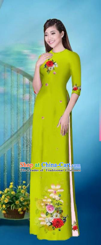 Traditional Top Grade Asian Vietnamese Ha Festival Printing Model Ao Dai Dress, Vietnam National Jing Nationality Princess Green Cheongsam Costumes for Women