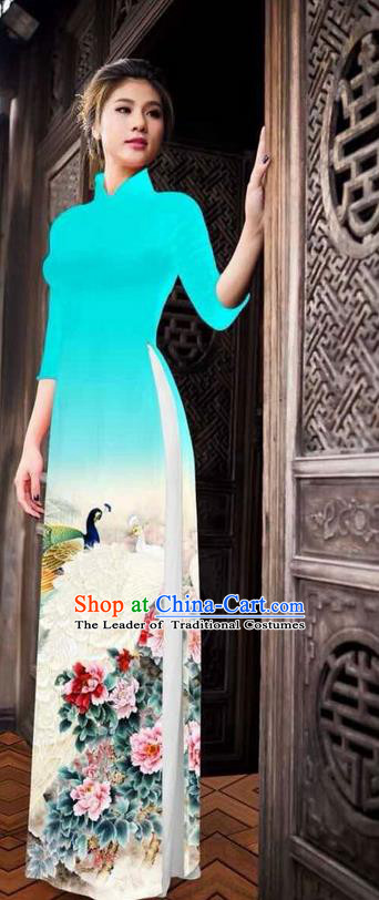 Traditional Top Grade Asian Vietnamese Ha Festival Printing Peony Light Blue Ao Dai Dress, Vietnam National Jing Nationality Princess Cheongsam Costumes for Women