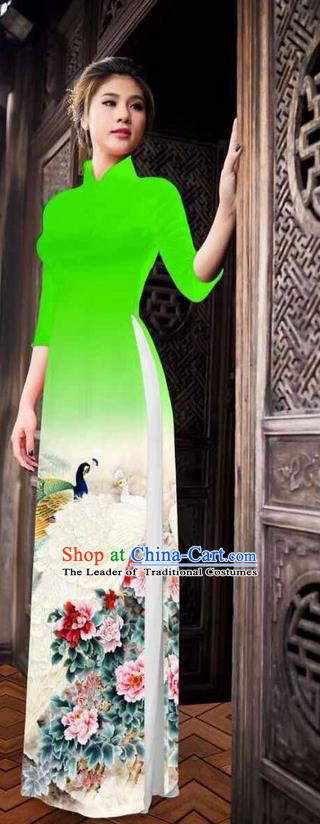 Traditional Top Grade Asian Vietnamese Ha Festival Printing Peony Green Ao Dai Dress, Vietnam National Jing Nationality Princess Cheongsam Costumes for Women