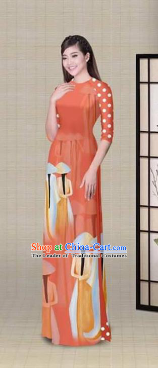 Traditional Top Grade Asian Vietnamese Ha Festival Printing Orange Ao Dai Dress, Vietnam National Jing Nationality Princess Cheongsam Costumes for Women