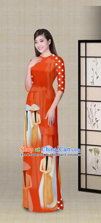 Traditional Top Grade Asian Vietnamese Ha Festival Printing Red Ao Dai Dress, Vietnam National Jing Nationality Princess Cheongsam Costumes for Women