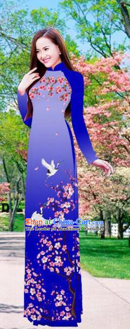 Traditional Top Grade Asian Vietnamese Ha Festival Printing Azalea Purple Handmade Ao Dai Dress, Vietnam National Jing Nationality Princess Cheongsam Costumes for Women