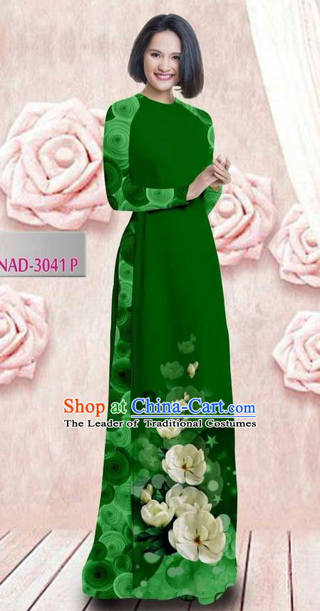 Traditional Top Grade Asian Vietnamese Ha Festival 3D Printing Bride Ao Dai Dress, Vietnam National Jing Nationality Princess Green Cheongsam Costumes for Women