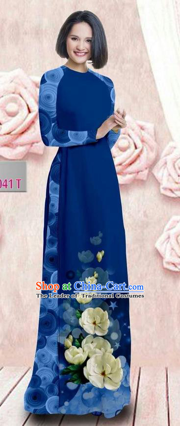 Traditional Top Grade Asian Vietnamese Ha Festival 3D Printing Bride Ao Dai Dress, Vietnam National Jing Nationality Princess Blue Cheongsam Costumes for Women