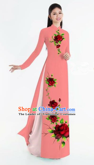 Traditional Top Grade Asian Vietnamese Ha Festival Bride Printing Ao Dai Dress, Vietnam National Jing Nationality Princess Watermelon Red Cheongsam Costumes for Women