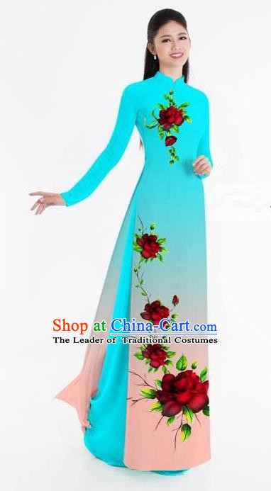 Traditional Top Grade Asian Vietnamese Ha Festival Bride Printing Ao Dai Dress, Vietnam National Jing Nationality Princess Blue Cheongsam Costumes for Women