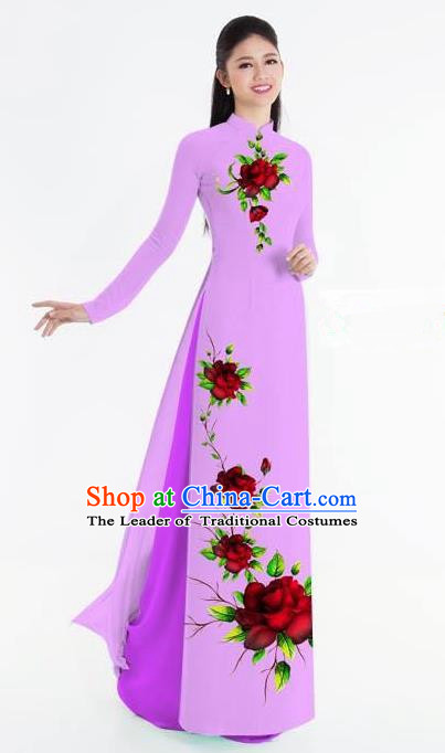 Traditional Top Grade Asian Vietnamese Ha Festival Bride Printing Ao Dai Dress, Vietnam National Jing Nationality Princess Purple Cheongsam Costumes for Women