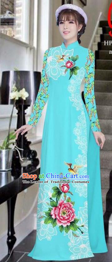 Traditional Top Grade Asian Vietnamese Ha Festival Bride Printing Peony Blue Ao Dai Dress, Vietnam Women National Jing Nationality Princess Cheongsam Costumes