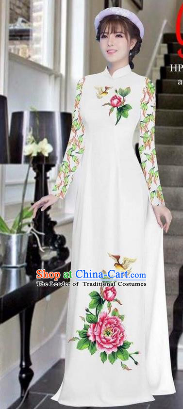 Traditional Top Grade Asian Vietnamese Ha Festival Bride Printing Peony White Ao Dai Dress, Vietnam Women National Jing Nationality Princess Cheongsam Costumes