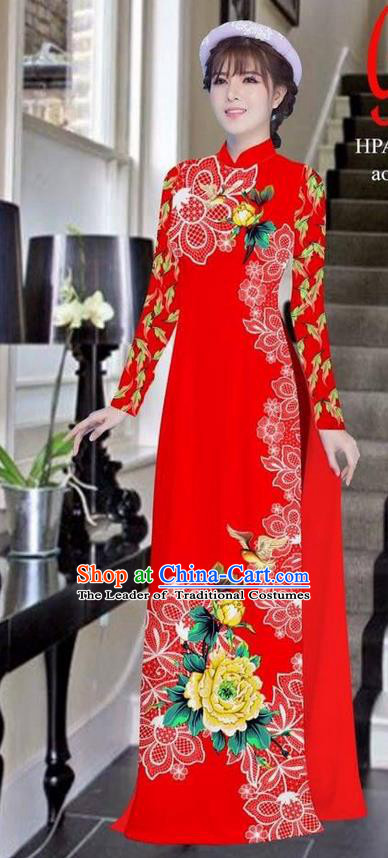 Traditional Top Grade Asian Vietnamese Ha Festival Bride Printing Peony Red Ao Dai Dress, Vietnam Women National Jing Nationality Princess Cheongsam Costumes