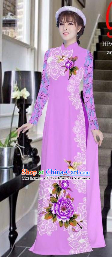 Traditional Top Grade Asian Vietnamese Ha Festival Bride Printing Peony Lilac Ao Dai Dress, Vietnam Women National Jing Nationality Princess Cheongsam Costumes