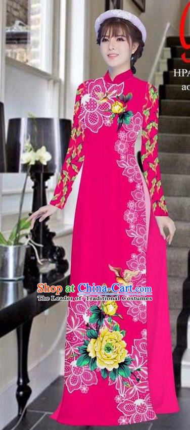 Traditional Top Grade Asian Vietnamese Ha Festival Bride Printing Peony Rosy Ao Dai Dress, Vietnam Women National Jing Nationality Princess Cheongsam Costumes