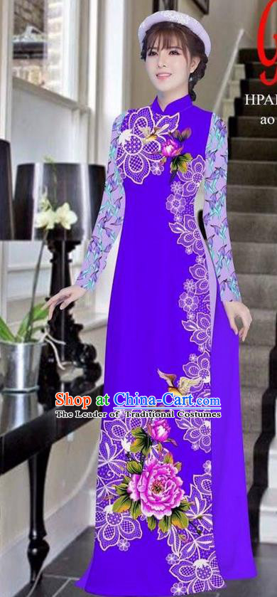 Traditional Top Grade Asian Vietnamese Ha Festival Bride Printing Peony Purple Ao Dai Dress, Vietnam Women National Jing Nationality Princess Cheongsam Costumes