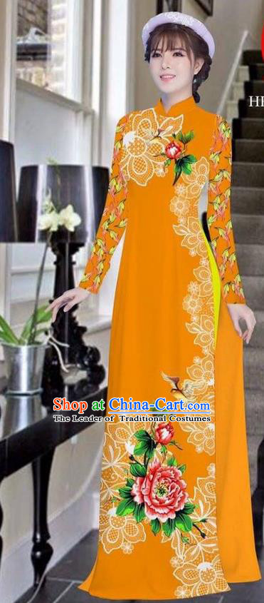 Traditional Top Grade Asian Vietnamese Ha Festival Bride Printing Peony Orange Ao Dai Dress, Vietnam Women National Jing Nationality Princess Cheongsam Costumes