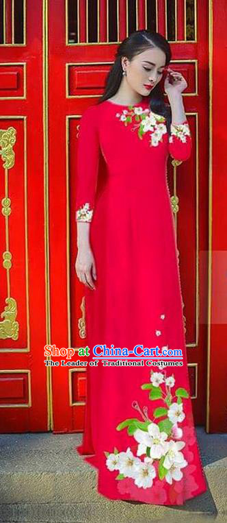 Traditional Top Grade Asian Vietnamese Ha Festival Bride Printing Ao Dai Dress, Vietnam Women National Jing Nationality Princess Red Cheongsam Costumes