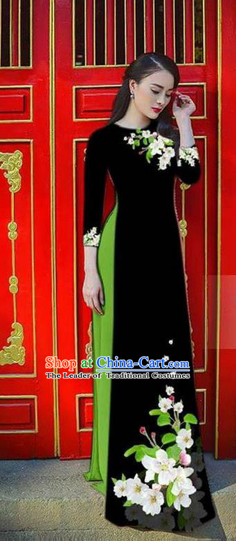 Traditional Top Grade Asian Vietnamese Ha Festival Bride Printing Ao Dai Dress, Vietnam Women National Jing Nationality Princess Black Cheongsam Costumes