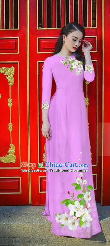 Traditional Top Grade Asian Vietnamese Ha Festival Bride Printing Ao Dai Dress, Vietnam Women National Jing Nationality Princess Lilac Cheongsam Costumes