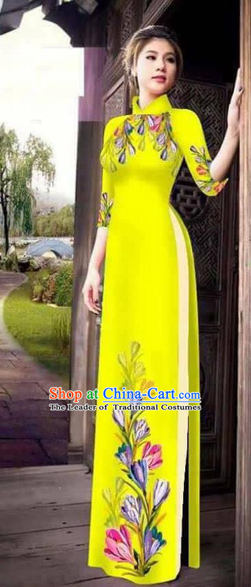 Traditional Top Grade Asian Vietnamese Ha Festival Printing Ao Dai Dress, Vietnam Women National Jing Nationality Princess Yellow Cheongsam Bride Costumes