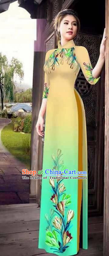 Traditional Top Grade Asian Vietnamese Ha Festival Printing Ao Dai Dress, Vietnam Women National Jing Nationality Princess Gradient Yellow Cheongsam Bride Costumes