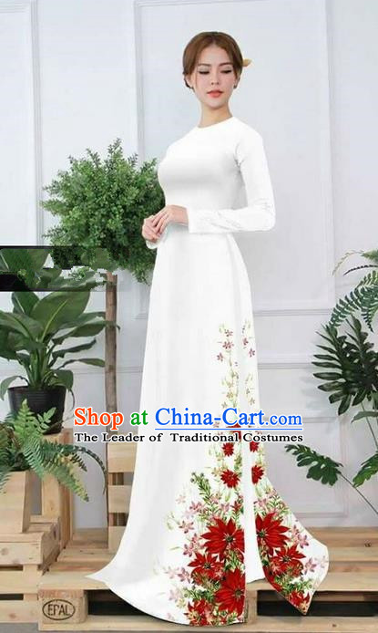 Traditional Top Grade Asian Vietnamese Ha Festival Printing Ao Dai Dress, Vietnam Women National Jing Nationality Princess White Cheongsam Bride Costumes