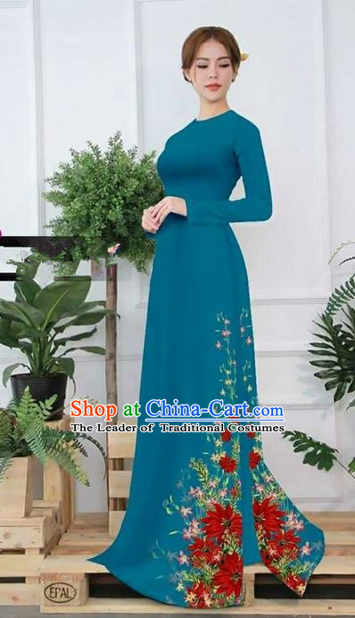 Traditional Top Grade Asian Vietnamese Ha Festival Printing Ao Dai Dress, Vietnam Women National Jing Nationality Princess Blue Cheongsam Bride Costumes